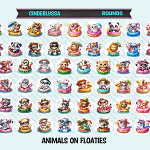 May include: A collection of round stickers featuring watercolor illustrations of various animals on inflatable floats. The stickers include text that reads "Cinderlyssa Rounds" and "Animals on Floaties". The animals are depicted with sunglasses and hats.
