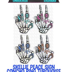 May include: Four skeleton hand illustrations in a peace sign gesture, each adorned with rings. The rings feature turquoise, pink, and orange concho designs. The text at the top reads "Cinderlyssa Everyday" and the text at the bottom reads "Skellie Peace Sign Concho Ring Turquoise."