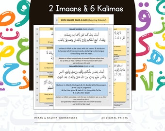 6 Kalimas & 2 Imaan Worksheets Islamic Learning Printable | Arabic and English | Muslim Kids Memorisation Sheets | Digital Download