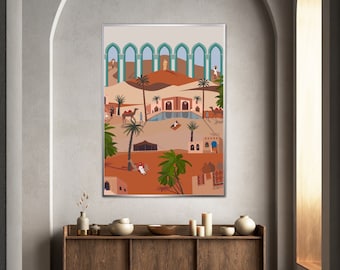 Moroccan Desert Illustration Print: Minimalist Wall Art (Digital Print)
