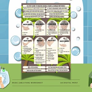 Stap voor stap gedetailleerde Wudu-kaart, Wudu-poster, Wudu-leerblad, Hoe Wudu te doen, Kinder Wudu-kaart, Afdrukbare Wudu, pdf Wudu, Islamitische Wudu,