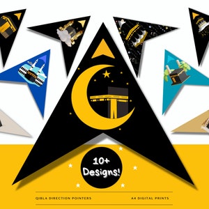 May include: A set of 10+ printable Qibla direction pointers in A4 size. The pointers feature different designs with a crescent moon, stars, and the Kaaba. The text "10+ Designs!" is written in a white circle on a black background. The text "Qibla Direction Pointers" is written in black on a yellow background. The text "A4 Digital Prints" is written in black on a yellow background.