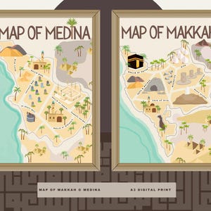 Conjunto de 2 mapas de La Meca y de Medina, impresión A3