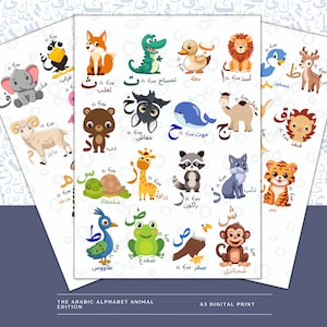 Arabic Alphabet Animal Poster | A3 Arabic Kids Print | Arabic Alphabet Educational Wall Art | Muslim Homeschool Printable | Digital Download