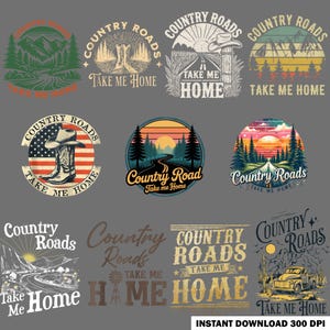 Puede incluir: Una colección de diseños gráficos con temática country que incluyen textos como "Country Roads" y "Take Me Home". Los diseños incluyen botas de vaquero, puestas de sol, carreteras y una camioneta vintage. La paleta de colores incluye verdes, naranjas y marrones.