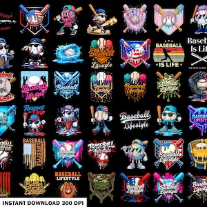 May include: A collection of baseball-themed digital designs featuring baseballs, bats, and the text "Baseball Lifestyle." Designs include baseballs with sunglasses, dripping effects, and patriotic themes. The phrase "Instant Download 300 DPI" is also present.