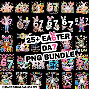Pode incluir: Uma coleção de designs digitais com tema de Páscoa, com coelhos, ovos e os números seis e sete. Os designs incluem o texto "25+ Easter Day 7 PNG Bundle" e "Instant Download 300 DPI". As imagens são em várias cores e estilos.