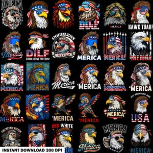Peut inclure: Plusieurs illustrations d'aigles patriotiques, chacune avec des lunettes de soleil, des bandanas et des motifs de drapeau américain. Le texte comprend "MURICA", "DILF", "MERICA" et d'autres phrases.