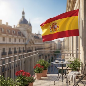 Spanish Flag: Red & Yellow Banner with National Coat of Arms