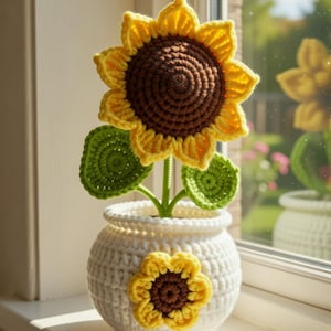 May include: Crocheted sunflower in a white pot. The sunflower has yellow petals and a brown center. The pot is white with a sunflower applique. Green leaves and stem complete the floral arrangement. Placed on a windowsill.