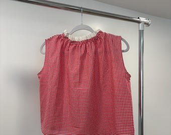 Red gingham cotton boxy tank with lace