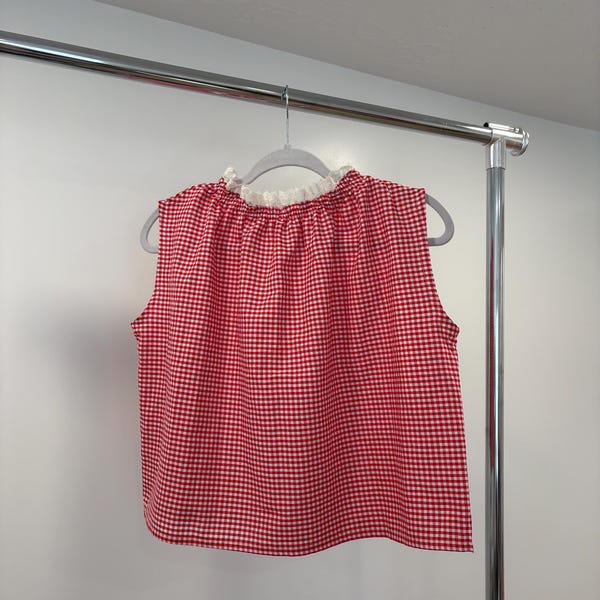 Red gingham cotton boxy tank with lace