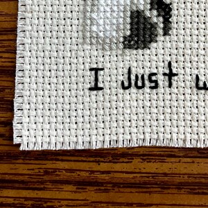 May include: White cross-stitch fabric with black embroidery that reads "I just want"