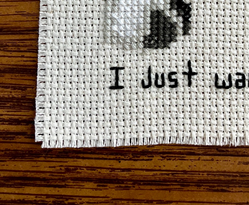 May include: White cross-stitch fabric with black embroidery that reads "I just want"