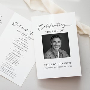 May include: A black and white funeral program with the title "Celebrating the Life of Emerson Parker" and dates August 10, 20XX - February 3, 20XX. The program includes a black and white photo of Emerson Parker, a welcome and introduction, prayer, favorite song, reading of obituary, eulogy, pallbearers, and interment.