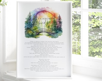 Rainbow Bridge Poem Download, Digital Printable Tribute Sign, Pet Loss Memorial Gift, Comforting Sympathy Gift, Dog, Cat, Watercolor, Heaven