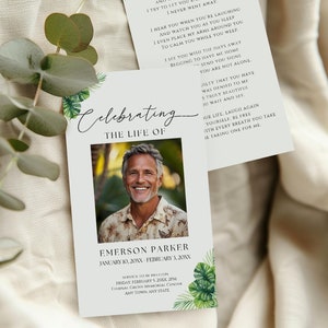 Gebetskarte Beerdigung Fotovorlage, Gedenkgedicht Andenken Favor Printable, Bearbeiten in Canva, Personalisiert, Tropisch, Grün, Palme, FT6