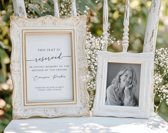 Letrero de asientos reservados para bodas en memoria, plantilla de Canva In Love Memory, decoración de silla para la madre del novio en el cielo, editable e imprimible