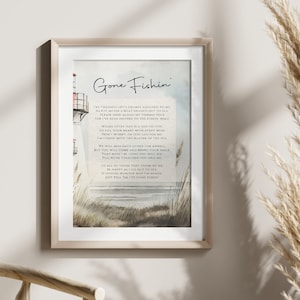 Letrero de "Ido a pescar" imprimible, poema funerario, recuerdo conmemorativo para pescador, papá, hermano, esposo, faro de acuarela, regalo para el duelo.