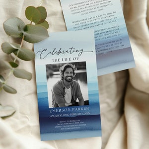 Gebetskarte Beerdigung Fotovorlage Angeln, Gedenkgedicht Andenken Favor Printable, Bearbeiten in Canva, Personalisiert, Meer, Ozean, Marineblau, WS1