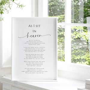 Printable Funeral Poem, As I Sit In Heaven, In Loving Memory Digital Download, Funeral Decor Welcome Sign, Customizable, Minimalist, MH1