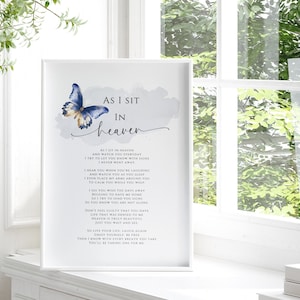 Mientras me siento en el cielo mariposa, Poema tributo conmemorativo imprimible, Descarga instantánea, Personalizar, Regalo de simpatía, Niño, Bebé, Niño, Papá, Azul, BB1