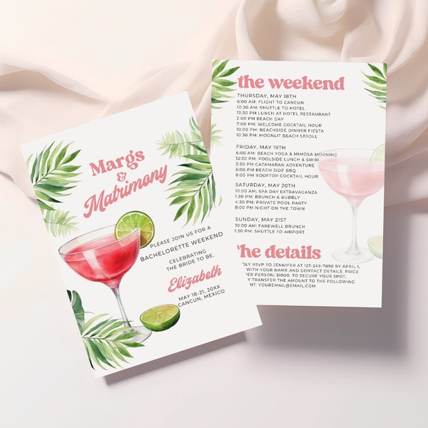 Margs and Matrimony Itinerary Template, Bachelorette Weekend Invitation, Printable, Digital, Margarita Party, Bach Schedule, Pink, Palm Tree