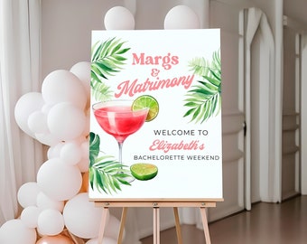 Margs and Matrimony Bachelorette Sign, Cartel de bienvenida a la despedida de soltera, Imprimible, Digital, Decoración de fiesta Margarita, Tropical, Rosa, Palmera, Verde