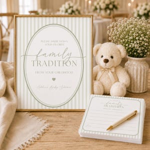 Favorit barndomstraditionsskylt och kort för babyshower, gästboksalternativ, grön rand