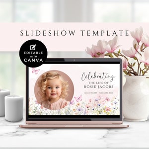 May include: A slideshow template for Canva featuring a pink background with a circle containing a photo of a young girl. The text "Celebrating the life of Rosie Jacobs" is displayed above the photo, with the dates "August 10, 20XX - February 1, 20XX" below. The background features a watercolour floral design with butterflies.