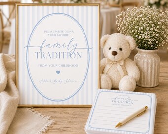 Favorite Childhood Tradition Sign and Note Card for Baby Shower, Guest Book Alternative, Blue Stripe