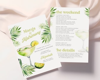 Margs and Matrimony Itinerary Template, Bachelorette Weekend Invitation, Printable, Digital, Margarita Party, Bach Schedule, Lime, Palm Tree