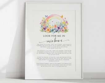 Look for Me in Rainbows, Heaven Memorial Tribute Poem Printable, Instant Download, Sympathy Gift, Girl, Baby, Child, Mom, Pink, Watercolor