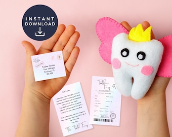 Printable Mini Tooth Fairy Set with envelope, Editable Tooth Fairy Letter Bundle, First Tooth Lost, Printable Certificate, Pink,Rainbow