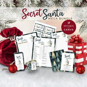 Secret Santa printable questionnaire bundle. Blue, snowman with neutral gold trees, invite, evite, sign up sheet, quiz, gift exchange tags,note  letter from secret santa