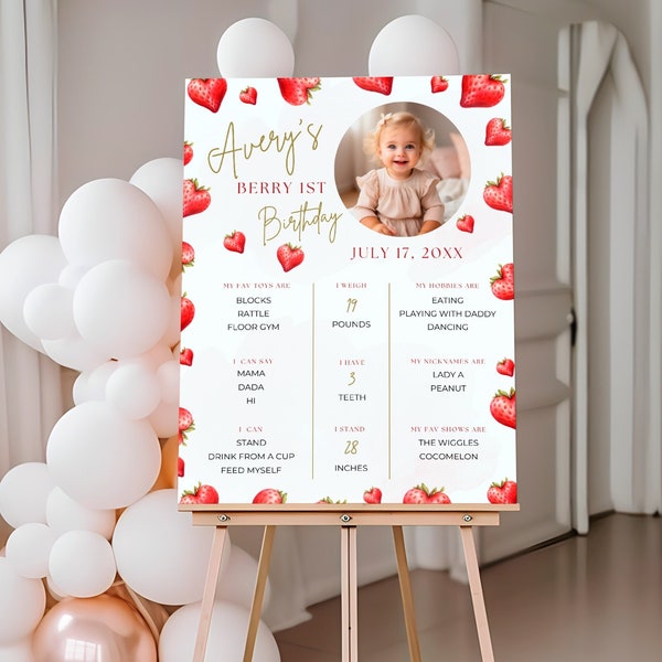 Tableau des fraises, premier anniversaire de mon petit fruit, affiche de signe de bienvenue, décoration de fête, modèle modifiable, premier anniversaire de fille, baie rose