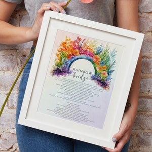 Poema del Puente Arcoíris, Letrero de homenaje imprimible digitalmente, Regalo conmemorativo por la pérdida de una mascota, Regalo de condolencias, Perro, Gato, Acuarela, Cielo