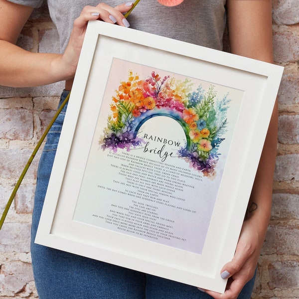 Rainbow Bridge Poem Download, Digital Printable Tribute Sign, Pet Loss Memorial Gift, Comforting Sympathy Gift, Dog, Cat, Watercolor, Heaven