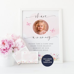 Alternative au livre d'or pour les funérailles, carte mémoire pour les funérailles de bébé, imprimable signe de table partager un souvenir, célébration de la vie, fleurs sauvages roses, FP1