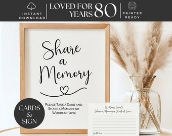 Puede incluir: Un cartel imprimible que dice "Compartir un recuerdo" con un corazón y un cartel más pequeño que dice "Por favor, tome una tarjeta y comparta un recuerdo o palabras de amor". Hay una tarjeta con líneas para escribir que dice "¡80 años queridos! Comparte un recuerdo o palabras de amor".