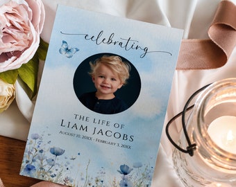Baby Child Funeral Template, Program Editable, Celebrating the life Of, Printable Boy Obituary Order of Service, Blue Wildflower, Butterfly