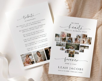 Forever In Our Hearts Funeral Program, Bifold Template, Simple Memorial Printable Order of Service, Celebration of Life, Photo Collage, FH01