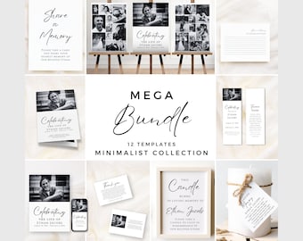 May include: A set of 12 printable templates for memorial services. The templates feature a minimalist design with black and white photos and text. The text includes "Celebrating the Life of Ethan Jacobs" and "Share a Memory".