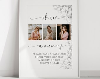 Puede incluir: Un cartel blanco enmarcado con texto negro que dice "compartir un recuerdo" con un diseño floral y tres fotos de una mujer. El texto debajo de las fotos dice "Por favor, tome una tarjeta y comparta su recuerdo más querido de nuestra querida Leah."