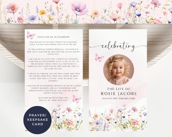 Prayer card for funeral with photo template, memorial poem keepsake favor printable, edit in canva, child baby girl, pink wildflower, FP1