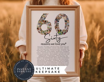 60 Reasons We Love You Template, 60th Birthday Gift For Man or Women, Editable Photo Collage Printable For Dad, Husband, Mom, Wife, Canva