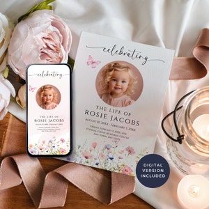 Modello di annuncio per invito funebre per bambino bambino, download digitale stampabile modificabile Canva per celebrazione della vita, fiore di campo rosa FP1