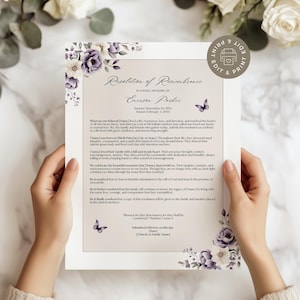 以下が含まれることがあります： エマーソン・パーカーを偲ぶ追悼決議。紫と白の花柄と蝶のイラストが特徴です。テキストには生年月日と没年月日、そして心からのメッセージが記載されています。