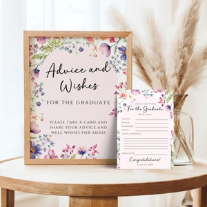 Woorden van advies voor afgestudeerden, Well Wishes Grad Sign Card bewerkbare sjabloon, gastenboek alternatief, afstudeerfeestspel, Wildflower, WFG