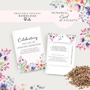 Sachets de graines funéraires de fleurs sauvages, enveloppes de graines pour service commémoratif, souvenir imprimable de faveur de fleur, modèle modifiable, idée cadeau invité, WF2